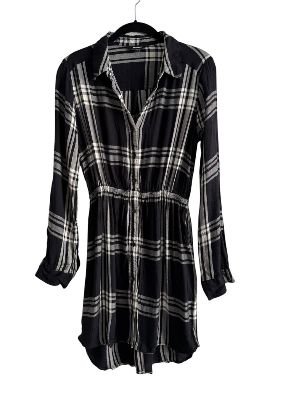 Express Black & White Plaid Long Sleeve Smocked Waist Flannel Shirt Dress